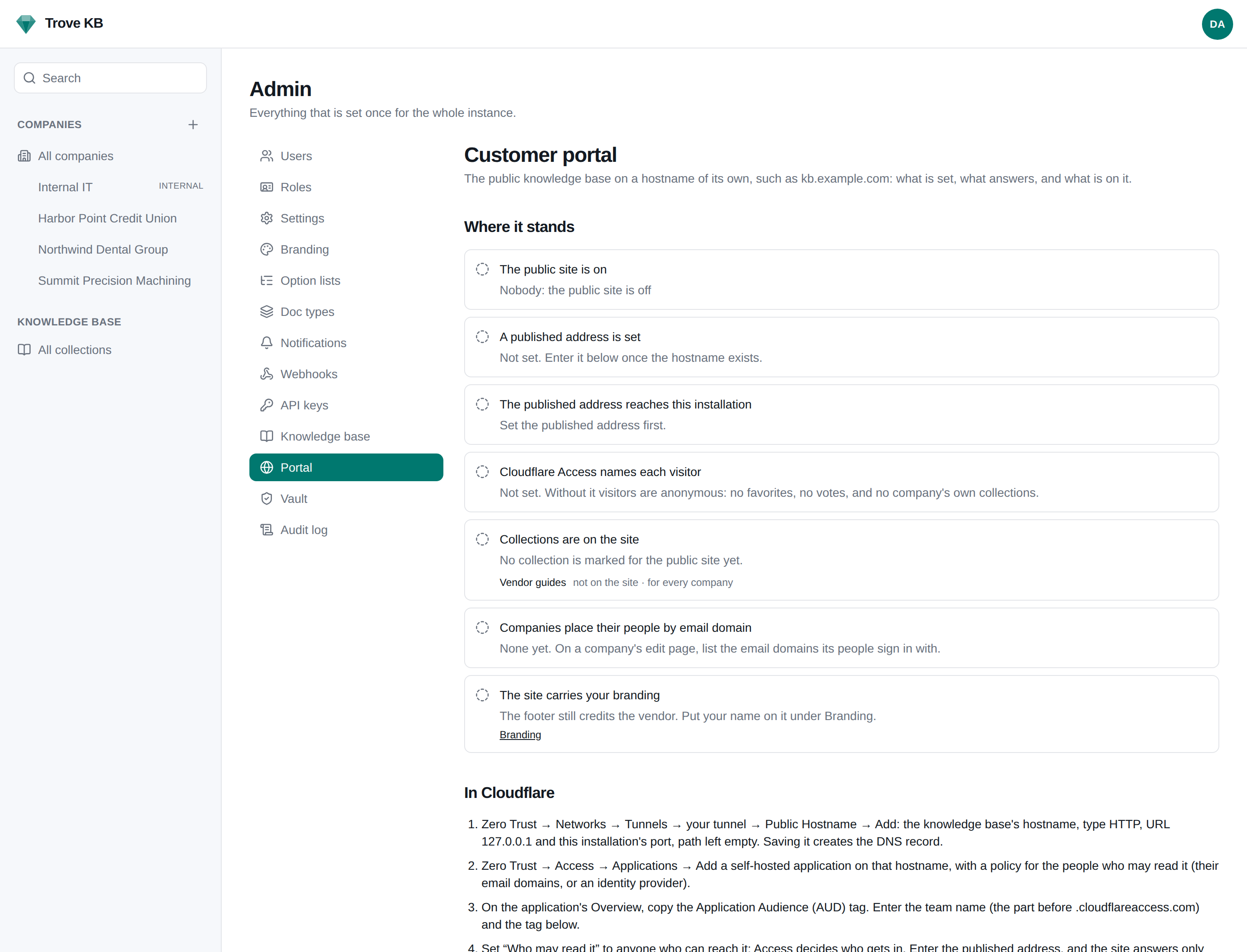 Admin → Portal, the public knowledge base's setup page with its checklist and the public-site form